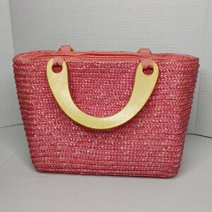 Vintage Faded Glory Straw Tote Bag – Bright Pink with Wooden Handles
